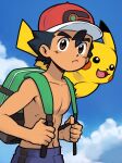  1boy ash_ketchum backpack bag black_hair blue_sky brown_eyes cloud cloudy_sky commentary_request holding holding_bag looking_at_viewer male_focus no_nipples on_shoulder pikachu pokemon pokemon_(anime) pokemon_(creature) pokemon_journeys pokemon_on_shoulder red_headwear sky topless_male xireeeeee 