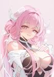  1girl absurdres breasts cleavage hair_intakes hand_on_own_chest highres horns large_breasts long_hair low_twintails melonyx pink_eyes pink_hair ririna_(vtuber) ruiuncle smile solo twintails virtual_youtuber white_horns 