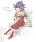  blue_eyes blush choker cosplay crossdressing dress full_body inazuma_eleven_(series) inazuma_eleven_go kishibe_taiga long_hair male_focus mizuhara_aki open_mouth pantyhose petit_mint petit_mint_(cosplay) purple_hair sakura_taisen sakura_taisen_v sitting solo taiga_shinjirou taiga_shinjirou_(cosplay) 