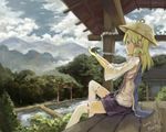  absurdres adapted_costume black_eyes blonde_hair cloud cloudy_sky day forest frog hair_ribbon hat highres huanxiang_heitu japanese_clothes landscape long_hair long_sleeves moriya_suwako mountain nature rain rainbow revision ribbon rice_paddy scenery shirt short_hair sitting skirt sky solo tabard thighhighs torii touhou white_legwear wide_sleeves zettai_ryouiki 