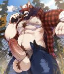 abs absurd_res anthro ball_tuft balls baseball_cap beard belt biceps body_hair bottomwear canid canine canis chest_hair chest_tuft cigar clock clothed clothing denim denim_bottomwear denim_clothing drawreshi erection facial_hair fangs fence forest forest_background fur genitals hairy hairy_balls happy_trail hat hat_over_eyes headgear headwear hi_res humanoid_genitalia humanoid_penis jeans male mammal musclegut muscular muscular_anthro muscular_male nature nature_background nipples nude open_clothing open_topwear pants partially_clothed pawpads pecs penis plant pubes solo solo_focus teeth text topwear tree tuft vein watch wolf