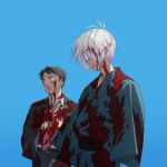  2boys absurdres belt black_hair blood blood_from_mouth blood_in_hair blood_on_clothes blood_on_face blue_kimono cigarette collarbone gegege_no_kitarou hair_over_one_eye hands_in_pockets highres japanese_clothes kimono kitarou_tanjou:_gegege_no_nazo looking_ahead looking_to_the_side male_focus medama_oyaji medama_oyaji_(human) mizuki_(gegege_no_kitarou) multiple_boys necktie obi sash scar scar_across_eye simple_background suit tendot white_hair 