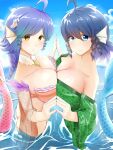  2girls absurdres ahoge blue_eyes blue_hair blue_sky breast_press breasts cleavage closed_mouth cloud drill_hair drill_sidelocks fins green_kimono guardian_tales head_fins highres japanese_clothes kimono large_breasts looking_at_viewer mermaid monster_girl multiple_girls ocean ponytail sia_(guardian_tales) sidelocks sky species_connection symmetrical_docking touhou wakasagihime yellow_eyes yuno_(kitsune) 