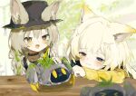  2girls animal_ear_fluff animal_ears arknights beanstalk_(arknights) black_headwear blonde_hair blue_eyes braid brown_eyes cat_ears cat_girl closed_mouth green_hair grey_hair heterochromia hyena_ears hyena_girl infection_monitor_(arknights) long_sleeves metal_crab_(arknights) multicolored_hair multiple_girls nightmare_(arknights) open_mouth side_braid single_braid streaked_hair unitedunti 