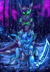 anthro blue_body blue_eyes blue_fur dark_aether dark_theme duo fantasy forest forest_background fur green_body green_eyes grey_body grey_fur hi_res machine male male/male melee_weapon military nature nature_background plant polearm protogen scythe siobun snow translucent translucent_tail tree weapon yuri_chacal