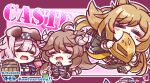  3girls absurdres animal_ears arknights artist_name benizika blonde_hair brown_hair cat_ears cat_girl ceobe_(arknights) chibi closed_eyes dog_ears dog_girl english_text eyjafjalla_(arknights) goldenglow_(arknights) highres horns long_hair multiple_girls open_mouth pink_hair sheep_girl sheep_horns twitter_username 