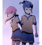  blue_eyes blue_hair cowboy_shot inazuma_eleven_(series) inazuma_eleven_go kirino_ranmaru lightning_bolt male_focus mizuhara_aki multiple_boys pillarboxed pink_hair raimon raimon_soccer_uniform shorts soccer_uniform sportswear tsurugi_kyousuke twintails yellow_eyes 