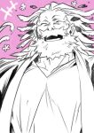  1boy beard closed_eyes commentary_request facial_hair fate/grand_order fate_(series) flower happy_aura hatching_(texture) laughing linear_hatching male_focus monochrome old old_man open_mouth pink_background ptolemy_(fate) ryuuki_garyuu wrinkled_skin 