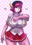  baseball_cap baseball_jersey breasts buffalo_bell cleavage collarbone commentary_request contrapposto cow_horns curvy furry hat horns huge_breasts mascot miniskirt nippon_professional_baseball orix_buffaloes pink_hair pink_skin polka_dot polka_dot_background red_eyes short_hair skirt snout solo standing thick_thighs thighs ueno_petarou 