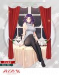  1girl ahoge artist_name bare_shoulders breasts cat copyright_name curtains drink full_body happy_new_year highres indoors iron_saga merry_christmas night official_alternate_costume official_art pantyhose purple_hair red_eyes second-party_source sideboob sitting smile snow solo violet_(iron_saga) window 