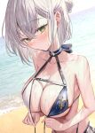  1girl absurdres bikini blush breast_focus breasts cleavage collarbone day green_eyes grey_hair highres hololive large_breasts looking_at_viewer medium_hair outdoors rum_raisin_(chihiromakita19) shirogane_noel shirogane_noel_(summer_2020) skirt solo swimsuit virtual_youtuber wet wet_clothes wet_hair wet_swimsuit 