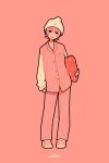  1girl absurdres beanie hat highres holding holding_pillow long_sleeves looking_at_viewer miyoshi_yoshimi original pants pillow pink_background pink_eyes pink_footwear pink_hair pink_pants pink_shirt pink_theme shirt short_hair simple_background sleeves_past_wrists slippers solo white_headwear 