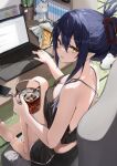  1girl absurdres back bare_shoulders barefoot blue_hair breast_press breasts camisole cleavage computer dark_blue_hair drink food from_above from_behind hair_between_eyes hair_bun hair_ornament hairclip highres indoors kuro_(rudyan0128) laptop large_breasts looking_at_viewer looking_back open_mouth original pointy_ears short_hair_with_long_locks short_shinai sidelocks sitting smile tatami yellow_eyes 