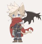  1boy animal_ears armor asymmetrical_armor asymmetrical_arms bat_wings belt black_belt black_wings blonde_hair blue_eyes blush_stickers boots brown_footwear brown_gloves cape cat_boy cat_ears cat_tail chibi cloud_strife covered_mouth final_fantasy final_fantasy_vii full_body gloves grey_background hands_on_own_hips highres hip_armor kingdom_hearts leather_belt male_focus multiple_belts official_alternate_costume pauldrons red_cape same_no_nituke3 short_hair shoulder_armor shoulder_strap sigh simple_background single_wing solo spiked_hair standing tail thigh_strap wings 