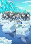  absurdres afloat bird cloud commentary_request day eiscue eiscue_(ice) empoleon evolutionary_line highres ice no_humans open_mouth outdoors penguin piplup pokemon pokemon_(creature) prinplup q-chan sky snow standing water 