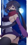  1girl armpits ass ayame_(gundam_build_divers) bare_shoulders black_thighhighs blue_hair blush breasts campbell_xx commentary detached_sleeves from_side full_moon gundam gundam_build_divers hair_between_eyes highres japanese_clothes kimono long_hair looking_at_viewer low_twintails mask moon mouth_mask night night_sky ninja obijime purple_eyes purple_kimono purple_sleeves red_scarf scarf short_kimono sideboob sky sleeveless sleeveless_kimono solo thick_thighs thighhighs thighs twintails 