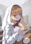  1girl absurdres animal_hood blonde_hair bread brown_dust_2 cloak eating food hair_over_eyes highres hood justia_(brown_dust) looking_at_viewer mahyo official_alternate_costume plate rabbit_hood red_ribbon ribbon shirt short_hair white_cloak white_shirt 