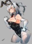  1girl animal_ears bare_shoulders black_headband black_leotard blue_eyes blush breasts cleavage covered_navel detached_collar elbow_gloves fake_animal_ears gloves grey_background grey_eyes grey_hair hachimaki headband highres kantai_collection leotard long_hair medium_breasts one_side_up pantyhose playboy_bunny rabbit_ears rabbit_tail signature solo strapless strapless_leotard sunday_aki suzutsuki_(kancolle) tail tray white_gloves white_hair white_headband white_pantyhose wrist_cuffs 