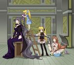  absurdly_long_hair alicia_testarossa animal_ears arf black_legwear blonde_hair breasts cape cleavage closed_eyes comb combing dress earrings fate_testarossa foam hair_ornament hair_ribbon hairclip highres hip_vent jewelry ladder lipstick long_dress long_hair lyrical_nanoha mahou_shoujo_lyrical_nanoha makeup medium_breasts midriff mother_and_daughter multiple_girls precia-t precia_testarossa purple_hair purple_lipstick red_eyes red_hair ribbon shampoo siblings sisters sitting skirt tail thighhighs twintails very_long_hair wolf_ears wolf_tail 