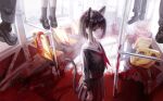  1girl animal_ears black_hair black_skirt blood blood_on_clothes blood_on_face blood_on_ground bus_interior cat_ears cat_tail empty_eyes hanged highres kafkasea mole mole_under_eye multiple_others original sailor_collar short_hair skirt standing tail yandere 