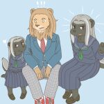 &lt;3 anthro badger clothed clothing ekaki510 exclamation_point felid female honey_badger kemono lion male mammal mane mustelid musteline pantherine school_uniform uniform