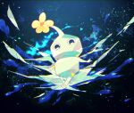  black_background black_eyes blue_skin colored_skin commentary_request flower frost glowing ice ice_pikmin looking_at_viewer no_humans no_mouth pikmin_(series) pikmin_4 shirushiki solo triangle yellow_flower 