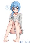  1girl ? alternate_costume barefoot blue_eyes blue_hair collarbone commentary_request grey_sweater hair_between_eyes highres kantai_collection knees_up long_sleeves looking_at_viewer medium_hair minazuki_(kancolle) one-hour_drawing_challenge panties parted_lips simple_background small_bed solo spoken_question_mark striped striped_panties sweater tf_cafe toes twitter_username underwear white_background 