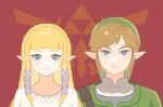  1boy 1girl blonde_hair blue_eyes blunt_bangs brown_hair chinese_commentary commentary_request earrings green_headwear green_tunic hat jewelry link long_hair pointy_ears princess_zelda sidelocks the_legend_of_zelda the_legend_of_zelda:_skyward_sword triforce yun_(dl2n5c7kbh8ihcx) 