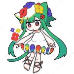  1girl animal_ears blue_flower bright_pupils cat_ears cat_girl cat_tail chibi closed_mouth commentary cross-laced_sandals dress flower full_body green_hair hair_flower hair_ornament long_hair looking_at_viewer machigami_yoh original red_eyes red_flower short_dress simple_background sleeveless sleeveless_dress solo spaghetti_strap standing strap_slip symbol-only_commentary tail toes twitter_username very_long_hair watermark white_background white_dress white_pupils yellow_flower 