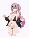  1girl :o bare_shoulders bikini black_bikini black_choker black_jacket breasts choker cleavage collarbone cropped_legs grey_eyes grey_hair halterneck heterochromia highres horns jacket large_breasts long_hair long_sleeves looking_at_viewer multicolored_hair nakamura_nagare navel off_shoulder open_clothes open_jacket original parted_lips pink_hair ponytail simple_background solo stomach string_bikini swimsuit thighs two-tone_hair very_long_hair white_background yellow_eyes 