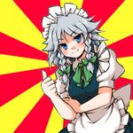  apron blue_eyes braid izayoi_sakuya looking_at_viewer macedonian_flag mageres maid_headdress short_hair silver_hair smile solo sunburst tajima_yuuki thumbs_up touhou twin_braids 