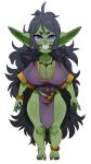 absurd_res big_breasts biped black_hair breasts cleavage clothed clothing feet female goblin green_body green_skin hair hi_res humanoid humanoid_pointy_ears not_furry nuclearwasabi pupils simple_background smile solo thick_thighs white_background wide_hips