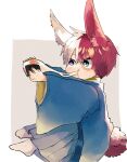  1boy aged_down animal_ears blue_eyes blue_kimono boku_no_hero_academia burn_scar child closed_mouth commentary_request eating food full_body heterochromia hiros_05 holding holding_food japanese_clothes kemonomimi_mode kimono long_sleeves male_focus mochi mochi_trail multicolored_hair purple_eyes rabbit_boy rabbit_ears rabbit_tail red_hair scar scar_on_face short_hair simple_background sitting solo split-color_hair tail todoroki_shouto white_hair 