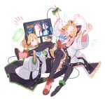  2girls animal_ear_headphones animal_ears aris_(blue_archive) black_footwear black_skirt black_thighhighs blonde_hair blue_archive blue_necktie blush boots bow closed_eyes collared_shirt controller fake_animal_ears game_controller green_bow green_eyes hair_bow headphones highres holding holding_controller holding_game_controller jacket long_sleeves midori_(blue_archive) momoi_(blue_archive) multiple_girls necktie nuudoru open_clothes open_jacket open_mouth pink_footwear pleated_skirt red_bow shirt short_hair siblings simple_background sisters skirt smile thighhighs twins white_background white_jacket white_shirt wide_sleeves yuzu_(blue_archive) 