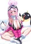  1girl animal bikini bird black_bikini blue_archive blush boots breasts cleavage eimi_(blue_archive) eimi_(swimsuit)_(blue_archive) full_body goggles goggles_on_head halo highres huge_breasts jacket ken_ill long_hair looking_at_viewer official_alternate_costume open_clothes open_jacket parted_lips penguin peroro_(blue_archive) pink_eyes pink_hair pink_halo pink_jacket ponytail scarf solo swimsuit very_long_hair white_footwear white_scarf 