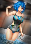  blue_hair competition_swimsuit erkaz goggles highres one-piece_swimsuit one_eye_closed original red_eyes rina_atherina short_hair solo swimsuit wading wet 