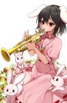  1girl animal_ears black_hair carrot_necklace dress flower grass highres inaba_tewi instrument jewelry music necklace pink_dress playing_instrument rabbit rabbit_ears rabbit_girl rabbit_tail red_eyes red_flower solo tail touhou trumpet white_background white_flower yuineko 