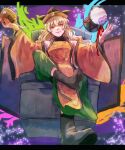  1girl black_footwear blonde_hair boots chair constellation_print detached_sleeves drum green_skirt hat highres instrument long_hair long_sleeves looking_at_viewer matara_okina orange_tabard sitting skirt solo tabard touhou tunaneko wide_sleeves yellow_eyes 