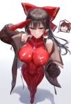  ai-generated black_hair bodysuit breasts hakurei_reimu highres japanese_clothes large_breasts long_hair miko non-web_source touhou 