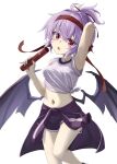  1girl :o akisome_hatsuka alternate_costume alternate_hairstyle bat_wings buruma clothes_around_waist fang hair_ribbon jacket jacket_around_waist midriff navel purple_hair red_eyes remilia_scarlet ribbon shirt short_hair slit_pupils solo touhou white_shirt wings 