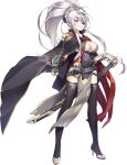  1girl boots breasts cape catalina_(iron_saga) cleavage full_body high_heel_boots high_heels holding holding_sword holding_weapon iron_saga long_hair official_art open_mouth pelvic_curtain red_eyes sheath solo sword thigh_boots third-party_source transparent_background weapon white_hair 