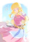  1girl bird blonde_hair blue_eyes breasts capelet commentary corrupted_twitter_file dress highres jewelry long_dress long_hair low-tied_long_hair low-tied_sidelocks medium_breasts pink_dress pointy_ears princess_zelda signature solo the_legend_of_zelda the_legend_of_zelda:_skyward_sword very_long_hair white_capelet yun_(dl2n5c7kbh8ihcx) 