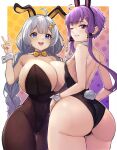  2girls absurdres ahoge animal_ears ass black_leotard black_pantyhose blue_eyes blush bow braid breasts cleavage detached_collar double_v fake_animal_ears fingernails grey_hair grin hair_ornament hairclip highres huge_ass huge_breasts kizuna_akari leotard long_hair looking_at_viewer multiple_girls one_eye_closed open_mouth pantyhose purple_eyes purple_hair rabbit_ears rabbit_tail short_hair_with_long_locks sidelocks smile strapless strapless_leotard tail tenneko_yuuri twin_braids v voiceroid wrist_cuffs yellow_bow yuzuki_yukari 