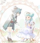  1girl aqua_hair beta_(inazuma_eleven) blue_hair braid crossover dress gloves hat high_heels inazuma_eleven inazuma_eleven_(series) inazuma_eleven_go inazuma_eleven_go_chrono_stone long_hair mistorene_callus mizuhara_aki no_pupils open_mouth purple_eyes sitting standing 