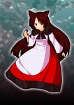  animal_ears aonoriwakame brooch brown_hair cape dress fingernails imaizumi_kagerou jewelry long_hair nail_polish red_eyes red_nails smile solo touhou very_long_hair wolf_ears 