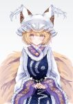  1girl animal_ears blonde_hair blush breasts closed_mouth dress fox_ears fox_tail hat highres large_breasts long_sleeves looking_at_viewer mob_cap multiple_tails sarasadou_dan short_hair simple_background smile solo tabard tail touhou white_background white_dress white_headwear wide_sleeves yakumo_ran yellow_eyes 