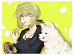  1girl animal artoria_pendragon_(fate) black_jacket black_ribbon blonde_hair border burger cavall_the_2nd collarbone commentary_request dog eating fate/grand_order fate_(series) fingernails food food_in_mouth french_fries hair_between_eyes hair_ribbon holding holding_food hood hood_down hooded_jacket jacket jewelry long_hair long_sleeves mouth_hold necklace open_clothes ponytail ribbon saber_alter saber_alter_(ver._shinjuku_1999)_(fate) sidelocks tongue tongue_out umeboitarou white_border white_dog yellow_background yellow_eyes 