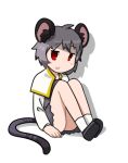 1girl animal_ear_fluff animal_ears blush capelet commentary_request cookie_(touhou) dress expressionless full_body grey_dress grey_footwear grey_hair highres kakusou kofji_(cookie) long_sleeves looking_at_viewer medium_bangs mouse_ears mouse_girl mouse_tail nazrin open_mouth red_eyes shadow shirt shoes short_hair simple_background sitting socks solo tail touhou white_background white_capelet white_shirt white_socks 