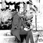  1girl coat commentary_request glasses greyscale kondoo monochrome original outdoors pants scarf short_hair short_ponytail sitting sketch smoke smoking smoking_pipe solo 