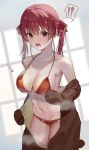  !? 1girl animal_costume bear_costume bikini breasts cleavage commentary_request cowboy_shot hair_ribbon heterochromia highres himeno_hera hololive houshou_kumarine houshou_marine large_breasts long_hair red_bikini red_eyes red_hair red_ribbon ribbon solo spoken_interrobang steam swimsuit twintails undressing virtual_youtuber yellow_eyes 